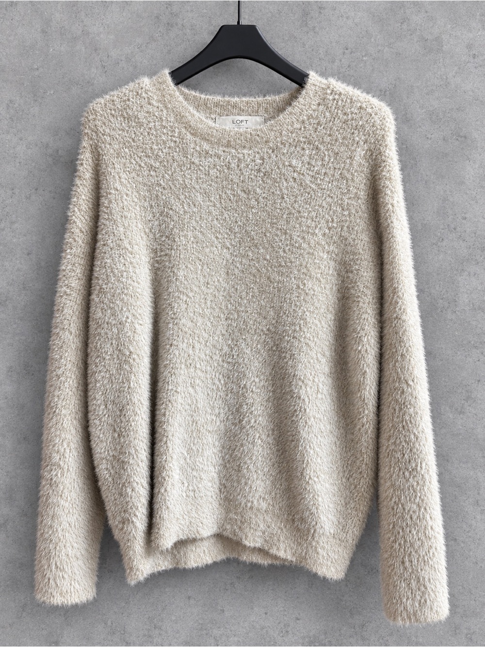 LOFT Fuzzy Eyelash Sweater Medium Cream Gold Metallic Shimmer Pullover